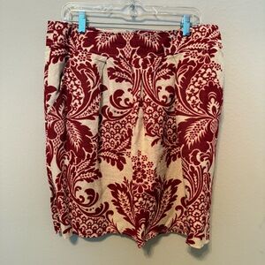 DKNY  Linen/Cotton  Floral Tapestry  Pencil Skirt Knee Length Red Beige Size 14